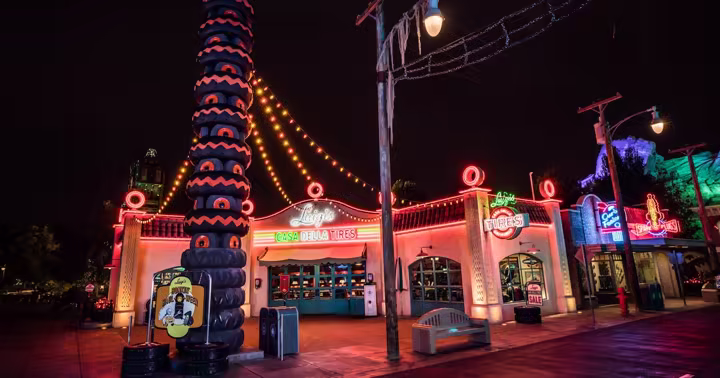 Luigi's Casa Della Tires in Cars Land during Halloween season at Disney California Adventure