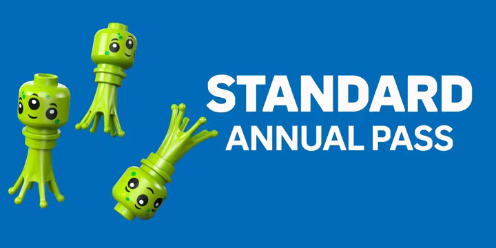 The Standard LEGOLAND Florida Annual Pass graphic features green LEGO alien characters on a blue background.