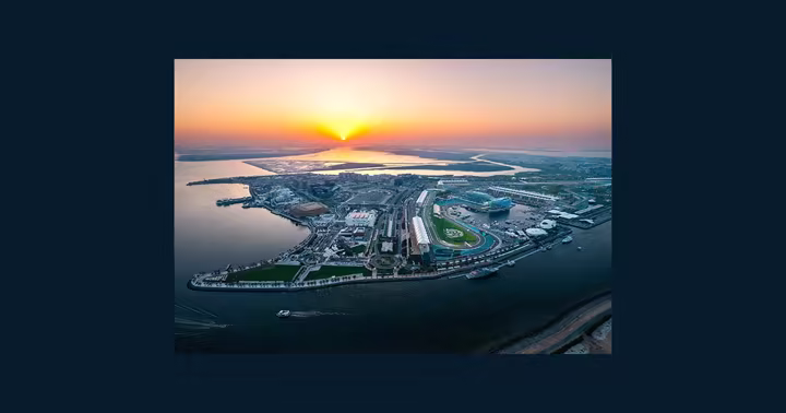 Aerial view of Yas Island in Abu Dhabi at sunset
