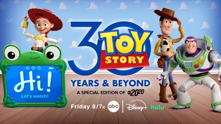 Toy Story 30 Years and Beyond 20/20 special artwork with Jessie, Woody, Buzz Lightyear, and Lilypad