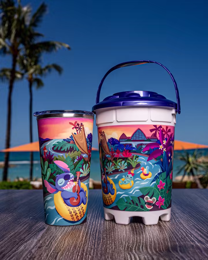 Stitch refillable mug and popcorn bucket for Aulani's 15th anniversary