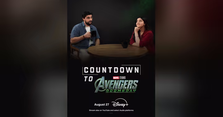 Iman Vellani and Frank Alvarez beside the Countdown to Avengers: Doomsday logo in Marvel's official podcast announcement image