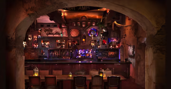 The main bar inside The Beak and Barrel at Walt Disney World