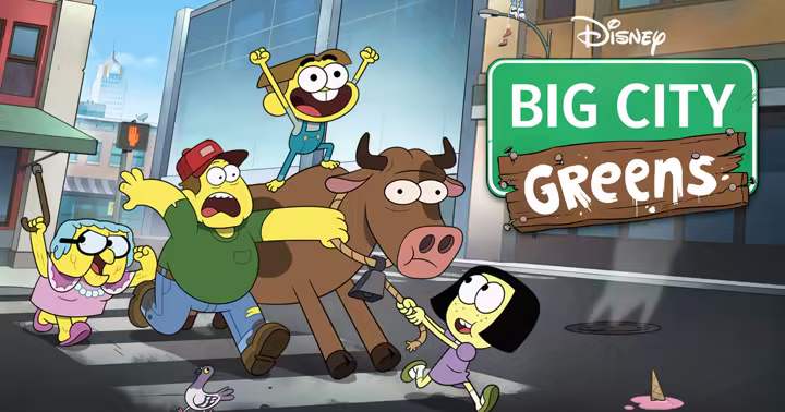 Big City Greens characters run through a city street beneath the series sign