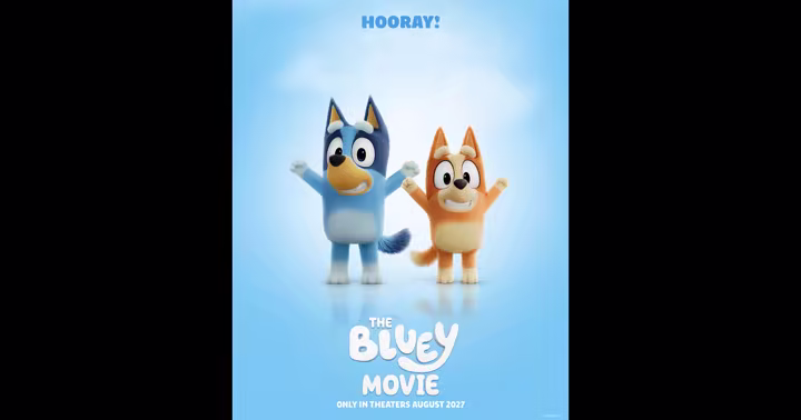 Bluey, Bingo, Bandit and Chilli on The Bluey Movie poster