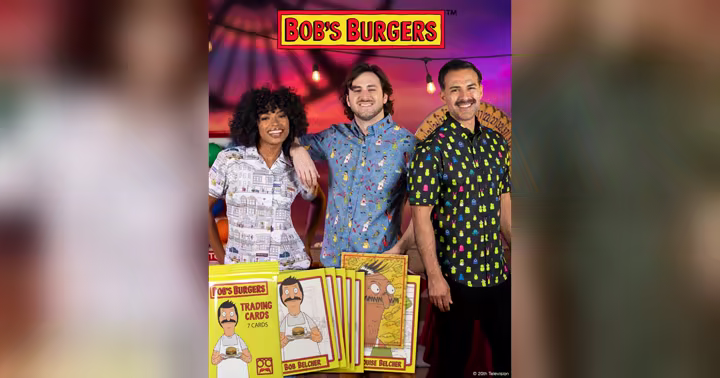 Models wearing Bob's Burgers RSVLTS shirts beside limited trading cards