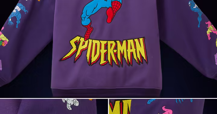 Purple Cakeworthy Spider-Man jacket with retro Marvel Comics artwork