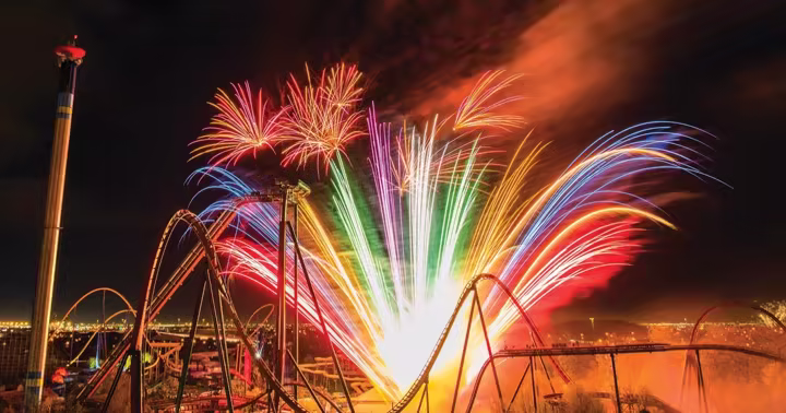 Fireworks behind roller coasters at Canada's Wonderland