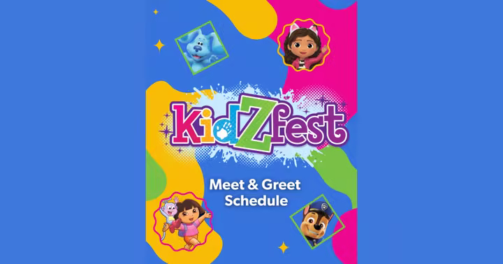 KidZfest character meet-and-greet schedule cover with Blue, Gabby, Dora, Boots and Chase
