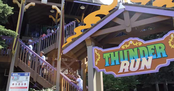 The Thunder Run sign and ride entrance at Canada's Wonderland