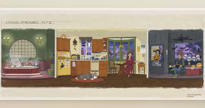 Disney concept art for the Carousel of Progress 1980s Halloween scene