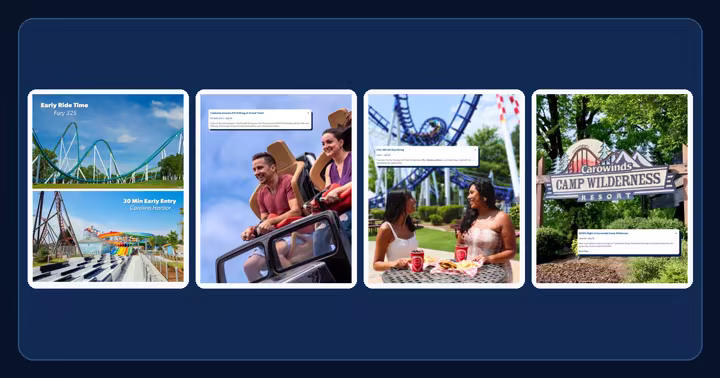 Carowinds July Perks and Play graphics for early entry, Bring-A-Friend tickets, dining, and Camp Wilderness savings