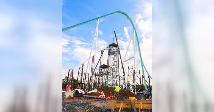 Construction crews top out the 100-foot drop for Rip Roarin' Falls at Carowinds