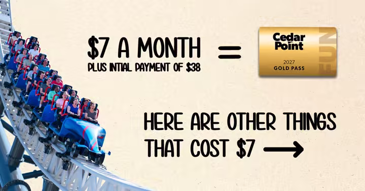 Cedar Point 2027 Gold Pass graphic showing $7 a month and a $38 initial payment