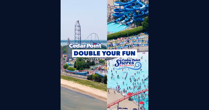 Cedar Point and Cedar Point Shores flash sale artwork with coasters, slides, and water park pools