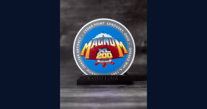 Magnum XL-200 track slice display piece on a black Cedar Point base