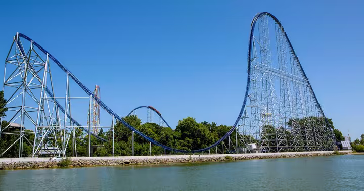 Millennium Force towers over the Lake Erie shoreline at Cedar Point