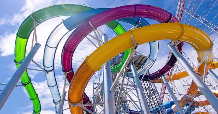 A colorful water slide complex at Cedar Point Shores Waterpark
