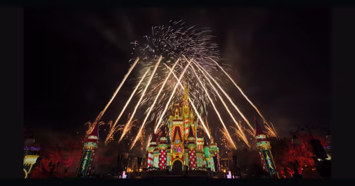 Holiday fireworks and projections light Cinderella Castle at Magic Kingdom