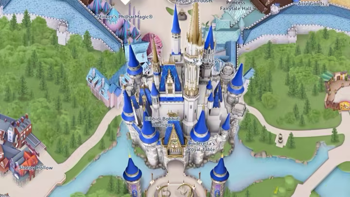 Cinderella Castle's updated paint scheme on the Magic Kingdom map in the My Disney Experience app
