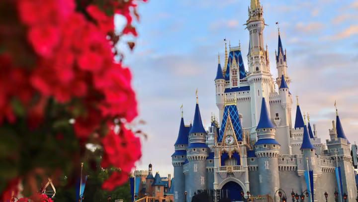 Cinderella Castle at Magic Kingdom with gray stonework, blue rooftops, and gold trim