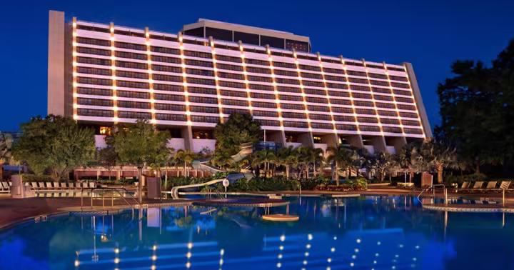 The Bay Lake side of Disney's Contemporary Resort at night