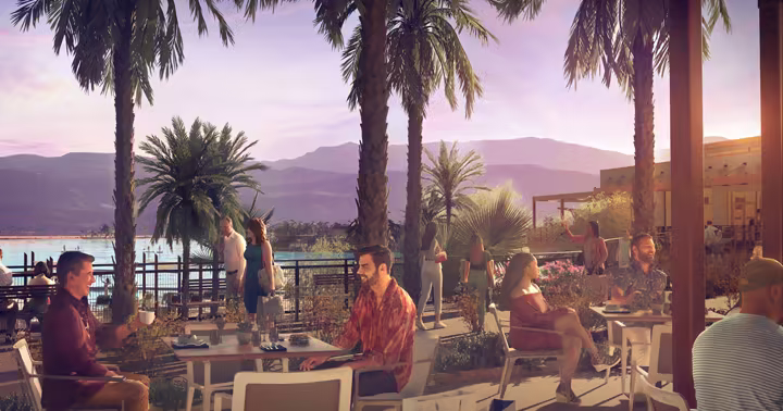 Concept art of waterfront dining beside Cotino Bay in Rancho Mirage