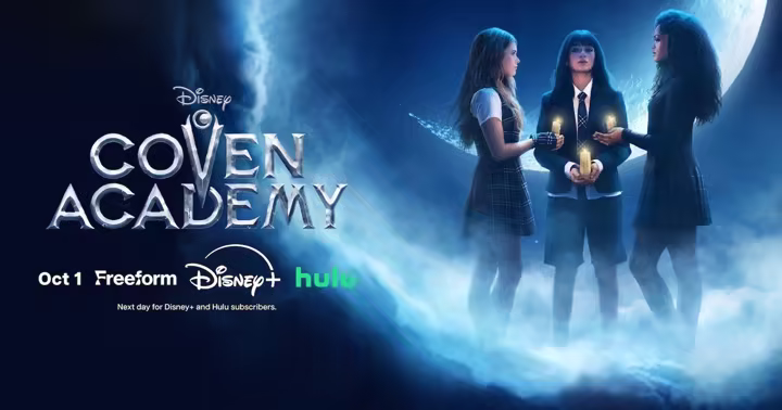 Coven Academy key art with three young witches beneath a full moon