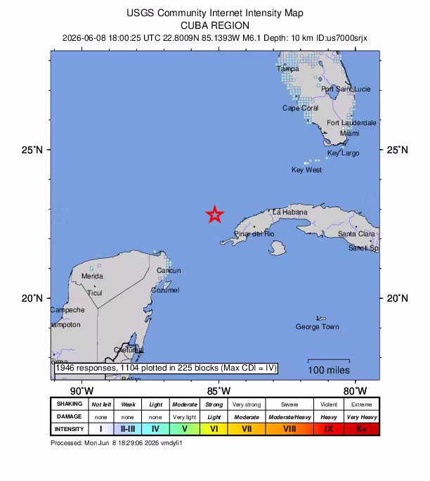 USGS intensity map for the June 8, 2026 Cuba earthquake with felt reports in Florida