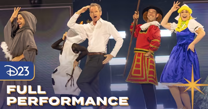 Neil Patrick Harris performs with Disney attraction characters at D23