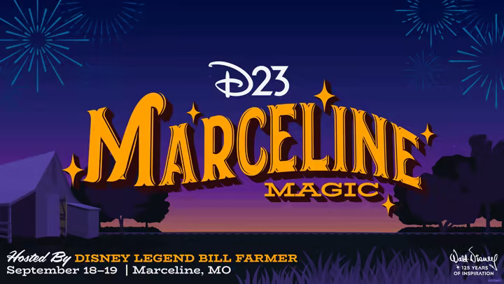 D23 Marceline Magic event art with fireworks for the Walt Disney 125 celebration