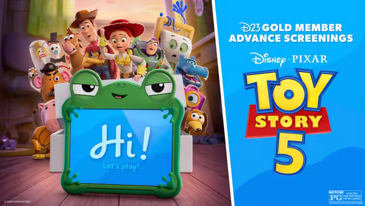 D23 Toy Story 5 advance screenings artwork with Woody, Buzz, Jessie, and other Toy Story characters