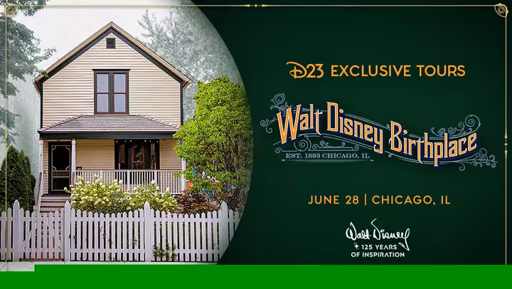 D23 promotional graphic for Walt Disney Birthplace tours in Chicago