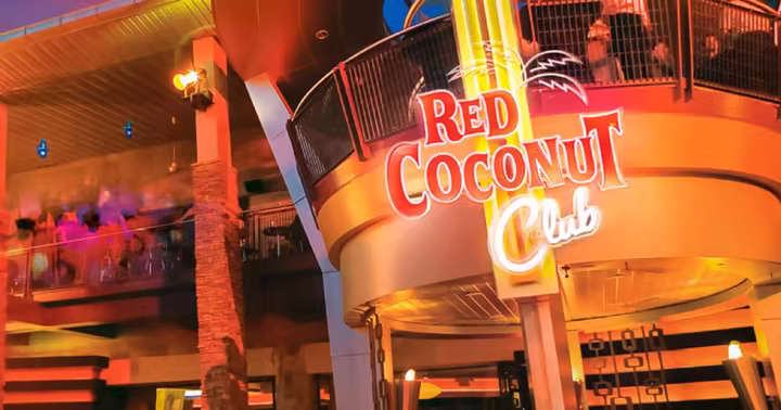 The illuminated Red Coconut Club entrance at Universal CityWalk