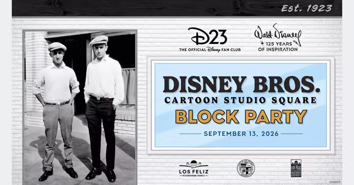 Walt and Roy Disney beside Disney Bros. Cartoon Studio Square Block Party artwork for September 13, 2026