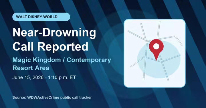 CrowdLevels news graphic for a near-drowning call reported near the Magic Kingdom and Contemporary Resort area