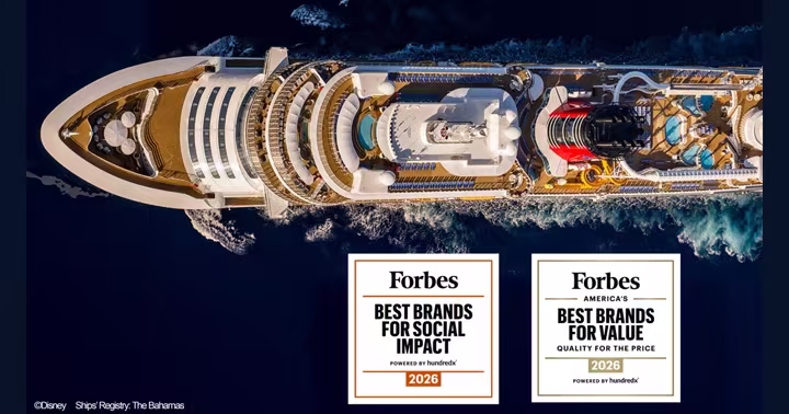 Aerial view of a Disney cruise ship above Forbes 2026 Best Brands badges
