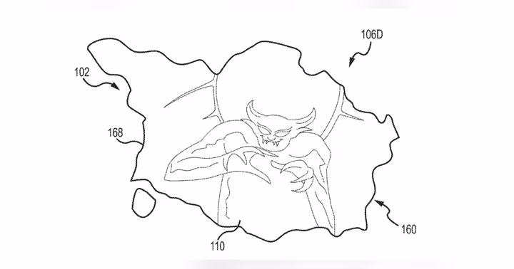 Patent drawing of a horned figure projected across a drifting light-reflective material