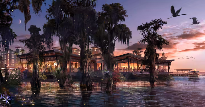 Artist rendering of Moonglade restaurant overlooking Bay Lake at Disney Lakeshore Lodge