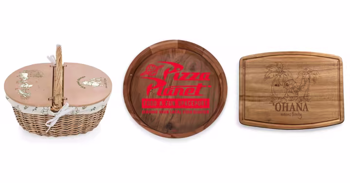 Winnie the Pooh picnic basket, Pizza Planet tray and Lilo and Stitch board