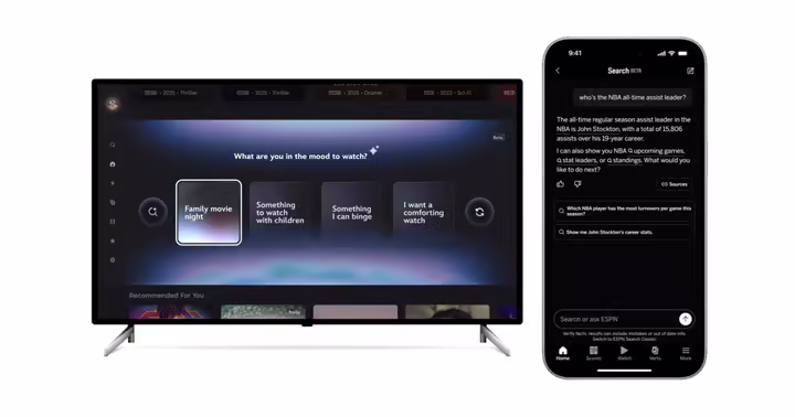 Disney+ recommendation prompts on a television beside ESPN Search on a phone