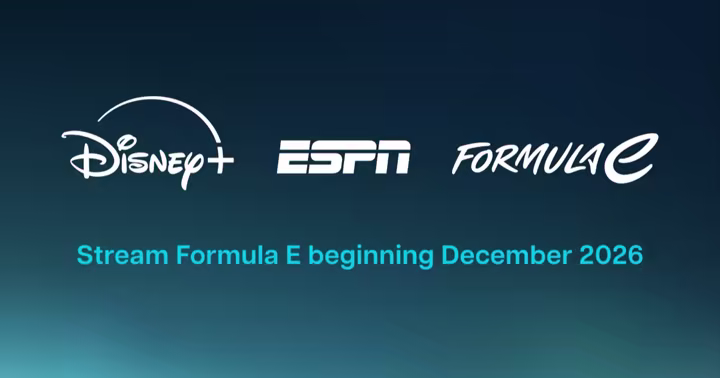 Disney+, ESPN and Formula E logos over an electric race car