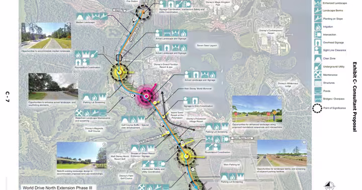 World Drive North Phase III exhibit showing Floridian Way, Disney's Polynesian Village Resort, Island Tower and planned roundabouts