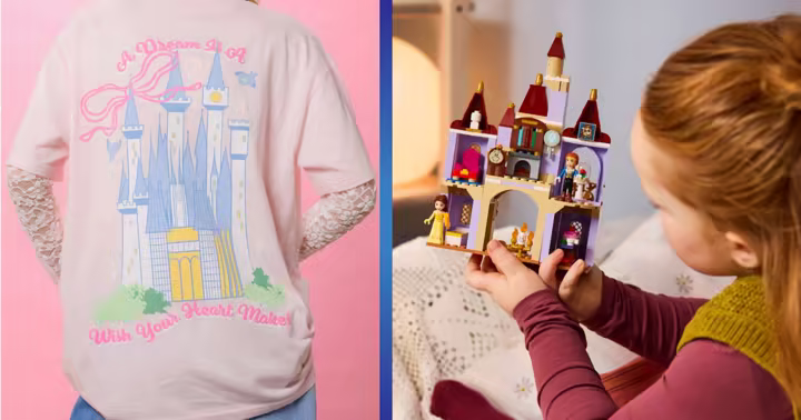 Disney Princess World Princess Week merchandise, including a castle T-shirt and a LEGO castle set