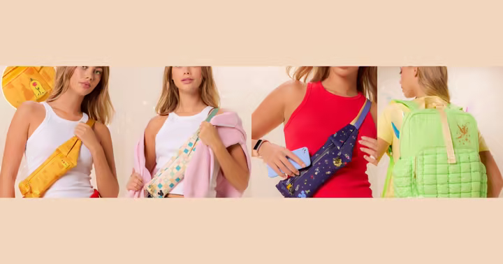 Three Disney athletic hip packs and a green Tinker Bell backpack
