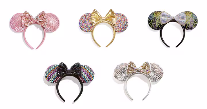 Five Minnie Mouse ear headbands by BaubleBar in pink, gold, black, multicolored and silver designs