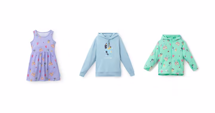 Bluey Disney Parks dress, Walt Disney World hoodie, and rain jacket from Disney Store