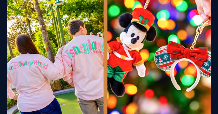 Disney 2026 holiday merchandise preview with pastel Disney Parks Spirit Jerseys and Mickey holiday bag charms