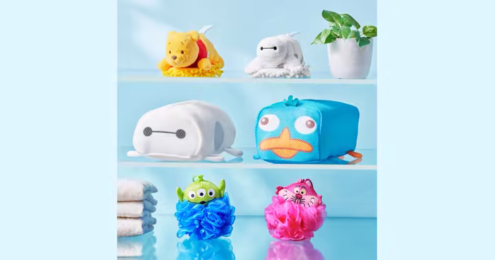 Baymax, Pooh, Perry and other Disney characters shown in Disney Store Japan’s Bath and Laundry product photo
