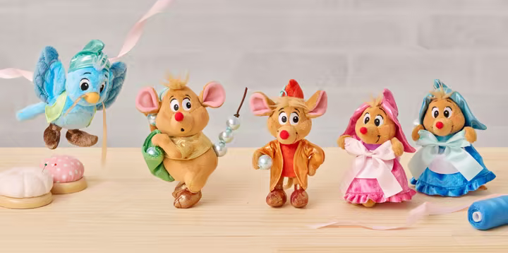 Five Cinderella friends dressed as tiny sewing helpers in an official Disney Store Japan product image